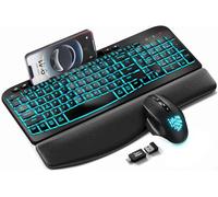 SABLUTE Combo de teclado y mouse inalámbricos, teclado ergonómico ondulado con reposamuñecas de cuero suave, soporte para teléfono, recargable, mouse retroiluminado RGB, juego inalámbrico de tamaño