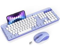SABLUTE - Combo de teclado y mouse inalámbricos, teclado redondo retro con soporte grande para teléfono/tableta, bonito teclado colorido para computadora/portátil/Windows/Mac por SABLUTE, morado claro