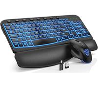 SABLUTE Combo ergonómico de teclado y mouse inalámbricos, teclado Wave con reposamuñecas de cuero suave, teclas resistentes, juego recargable retroiluminado RGB para PC/Mac/Chromebook (negro)