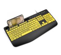 SABLUTE Teclado de impresión grande con cable para computadora con reposamuñecas, soporte para teléfono, letras grandes fáciles de leer, compatible con Windows, escritorio, laptop, amarillo