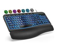 SABLUTE Teclado ergonómico con cable con reposamuñecas y palma acolchados, teclados de computadora retroiluminados con retroiluminación ajustable de 7 colores, cómodas teclas de onda natural para