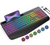 SABLUTE Teclado inalámbrico con 9 efectos retroiluminados, reposamuñecas, soporte para teléfono, teclados ergonómicos sin retraso 2,4G, teclado inalámbrico recargable y silencioso para ordenador,