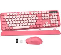 SABLUTE Teclado y Mouse Inalámbricos, Teclado Retro con Teclas Redondas, Teclado de Máquina de Escribir de Tamaño Completo con Reposamuñecas Desmontable, Combo de 2,4 GHz para Mac/Windows/PC-Rosa, US