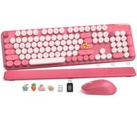 SABLUTE Teclado y Mouse Inalámbricos, Teclado Retro con Teclas Redondas, Teclado de Máquina de Escribir de Tamaño Completo con Reposamuñecas Desmontable, Combo de 2,4 GHz para Mac/Windows/PC-Rosa, US