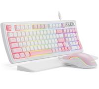 SABLUTE Teclado y mouse para juegos con cable, teclado y mouse con sensación mecánica retroiluminada RGB, perilla multimedia y reposamuñecas ergonómico de cuero premium antifantasma para juegos (rosa)