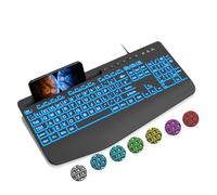 SABLUTE Teclados de computadora de impresión grande retroiluminados con cable, teclados USB iluminados con retroiluminación de 7 colores, reposamuñecas, soporte para teléfono