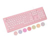 SABLUTE Teclados de computadora retroiluminados con impresión grande USB con cable, teclado iluminado con 7 colores y 4 modos retroiluminados rosa