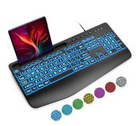 SABLUTE Teclados de computadora retroiluminados de impresión grande, teclados USB iluminados con cable con retroiluminación de 7 colores, reposamuñecas, soporte para teléfono, fácil de leer y escribir