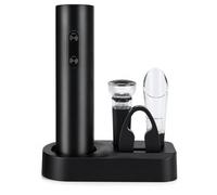 Sacacorchos Eléctrico a Pilas 5 en 1, Abrebotellas de Vino Automático con Cortacápsulas, Vertedor, Tapón al Vacío y Base, para Botellas de Corcho Natural y Sintético, Negro