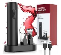 Sacacorchos eléctrico recargable con base de carga, abridor de vino electrico 6 en 1 juego regalo cumpleaños abrebotellas con vertedor aireador, tapón de vino al vacío, cortador láminas y cable USB