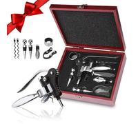 Sacacorchos Manual Set, Juego Abierto de Botellas, Caja de Madera Regalo, Decantador Multifuncional de 8 Piezas, Ideal para Amantes del Vino, Navidad, Día del Padre, Cumpleaños
