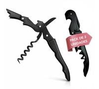 Sacacorchos Profesional de Camarero - Pack de 2 Abridores de Vino Negro Mate - Doble Palanca en Acero Inoxidable - Abrebotellas Integrado - Extracción Fácil y Suave para Vino