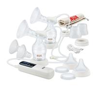 Sacaleches eléctrico doble Soft & Easy de NUK | Copas suaves 100% de silicona | Pequeño, ligero y silencioso | Batería recargable para viajar | Copas de 24 y 27 mm | 2 biberones Perfect Match mm