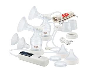 Sacaleches eléctrico doble Soft & Easy de NUK | Copas suaves 100% de silicona | Pequeño, ligero y silencioso | Batería recargable para viajar | Copas de 24 y 27 mm | 2 biberones Perfect Match mm