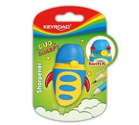 Sacapuntas de Plástico - Punta Redonda y Punta Afilada - 1 Uso - Sacapuntas Infantil de Plástico - Color Azul y Amarillo - Cuchilla Oculta - Keyroad