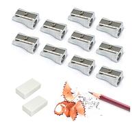 Sacapuntas de un solo orificio de aleación de aluminio de 10 piezas con borrador de 2 piezas, sacapuntas de lápiz simple de mano, útiles escolares para estudiantes, para estudiar, lápices, ceras.
