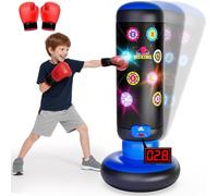 Saco de Boxeo para Niños, Saco de Boxeo de Pie con Música y Luz, Bolsa de Boxeo Inflable Interactiva, Saco de Boxeo con Guante de Boxeo para Regalo para Niños de 6 a 12 Años (Azul)