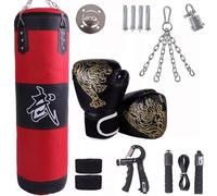 Saco De Boxeo,Saco Boxeo Adulto,Kit Boxeo,15-en-1 100 cm Kit de Sacos de Boxeo con Guantes, Vendas, Cadena más Gruesa, Giratorio 360° para Muay Thai y Lucha (sin Acolchado) (Rojo, 100cm)