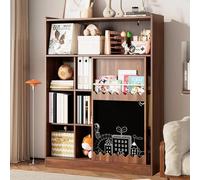 SACOOL 120 x 38,5 x 151,5 cm, estantería con pizarra, puertas correderas y bandeja para libros de imágenes, 9 compartimentos abiertos con gran espacio de almacenamiento, color nogal