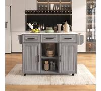 SACOOL 139 x 46 (71) x 91,5 cm. Gran carro de servicio/armario auxiliar, chapa de madera maciza gris para el cuerpo+decoración de chapa de mármol blanco para encimera, armario/superficie de trabajo