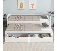 SACOOL Cama individual y doble, 200 x 90 cm/190 x 90 cm, cama deslizante con ruedas inferiores, con 2 cajones de MDF, marco de madera maciza, color blanco