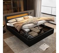 SACOOL Cama LED tapizada de 140 x 190 cm con somier y espacio de almacenamiento, cabecero iluminado negro, cabecero y piel sintética