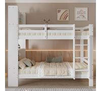 SACOOL Litera de 90 x 200 cm con estantes y escalera de tres peldaños en ángulo recto, cama de madera maciza, color blanco