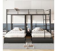 SACOOL Litera triple de 140 x 200 cm con cajones, marco de cama de metal, convertible en cama de matrimonio y dos camas individuales de 90 x 200 cm, cama multifuncional de metal, color negro