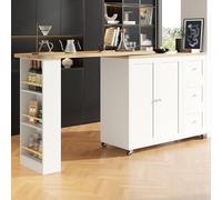 SACOOL Mesa alta de 135-203 x 39 x 106 cm, giratoria 360°, color blanco, sobre ruedas, con tres cajones. Viene con soporte para aperitivos. Isla de almacenamiento multifuncional, adecuada para la