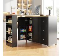 SACOOL Mesa alta giratoria 360°, color negro, 135-203 x 39 x 106 cm, con tres cajones, viene con soporte para aperitivos, isla de almacenamiento multifuncional, adecuada para cocina y salón