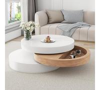 SACOOL N625P300077W - Mesa de centro cilíndrica, mesa superior giratoria 360°, mesa de sofá giratoria con tres estantes, capacidad de carga total recomendada 30 kg, madera de sauce con espacio de