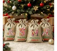 Sacos de Navidad personalizados con letras de bastón de caramelo, bolsas de yute personalizadas de hombre de jengibre, bolsas de regalo navideñas, bolsas de galletas de Navidad y pequeños envoltorios
