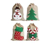 Sacos navideños (35x50 cm, tamaño mediano) - Paquete de 4 bolsas de regalo con cordón para Navidad. 4 diseños: muñeco de nieve, árbol, botas, bastón de caramelo.