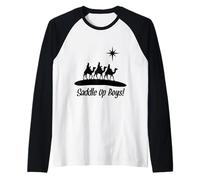 Saddle Up Boys Nacimiento de Jesús Tres Wisemen Cowboy Theme Camiseta Manga Raglan
