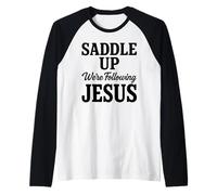 Saddle Up Estaban siguiendo a Jesús Fe Escritura Cristiana Dios Camiseta Manga Raglan