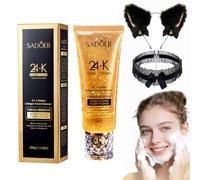 SADOER Limpiador facial de colágeno dorado de 24 quilates con diadema de orejas de gato y cuello para el cuello, ácido hialurónico, hidratante, purifica los poros, limpieza profunda, 100 g