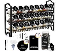 SAEIV Estantería para especias de pie con botes de especias, 3 capas, de metal, con 24 tarros de especias de 120 ml, tarros de especias con etiquetas para esparcir, embudo, tiza, accesorios de montaje