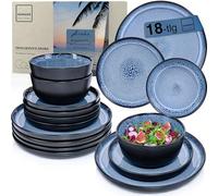 SÄNGER Aruba Value Collection Vajilla de 18 piezas para 6 comensales con 6 platos llanos, 6 cuencos de cereales, 6 platos de postre, color azul, con borde negro