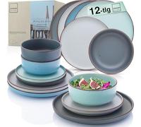 SÄNGER Bombay Sky Shades - Vajilla de 12 piezas, vajilla de gres para 4 personas, 4 platos llanos, 4 platos de postre, 4 cuencos, multicolor