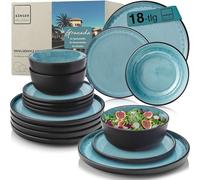 SÄNGER Granada Vajilla de gres de 18 piezas, juego de platos para 6 personas, 6 platos llanos, 6 cuencos de cereales, 6 platos de postre, color azul con borde negro resistente a los arañazos