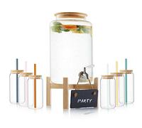 Sänger Juego de cuencos con pajitas de cristal y vasos, recipiente con tapa de madera, dispensador de bebidas con grifo, incluye 6 vasos, dispensador de bebidas para vino caliente y bote, recipiente