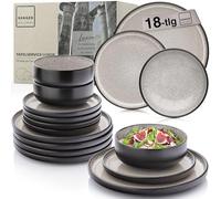 SÄNGER Luxor Vajilla de gres de 18 piezas, juego de platos para 6 personas, 6 platos llanos, 6 cuencos de cereales, 6 platos de postre, color marrón beige y resistente a los arañazos, colección Value