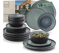 SÄNGER Malmö| Juego de vajilla de gres de 18 piezas, juego de platos para 6 personas, 6 platos llanos, 6 cuencos de cereales, 6 platos de postre, color verde oscuro resistente a los arañazos, vajilla