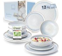 SÄNGER Vajilla Santorini de 12 piezas, juego de platos para 4 personas, juego de vajilla de gres, incluye platos de postre y platos profundos de color crema con degradado lila y azul, colección