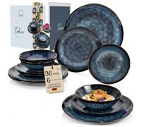 Sänger Vajilla Tokio de 36 piezas, juego de vajilla para 12 personas, juego de mesa de gres, vajilla moderna hecha a mano, color azul oscuro con detalles en negro, colección premium
