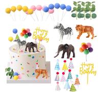 Safari Animal Cake Toppers with Mini Birthday Party Hat Color Balls Cake Decorations for Jungle Wild Themed Baby Shower Birthday Party Supplies