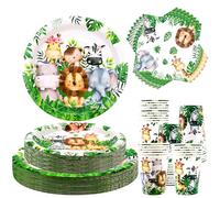 Safari - Juego de vajilla de cumpleaños de la selva - Decoraciones de cumpleaños de animales salvajes - 40 platos llanos, 40 platos de postre, 40 tazas, 40 servilletas para niños, fiesta de animales,