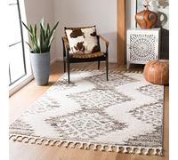 SAFAVIEH Alfombra gruesa marroquí con borlas, 5'7.6 cm x 7'15.2 cm, marfil y marrón, diseño bohemio, no desprende pelusa, fácil cuidado, 2 pulgadas de grosor, ideal para zonas de alto tránsito en sala