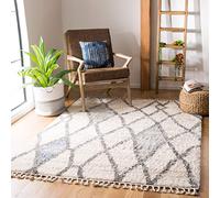 Safavieh Alfombra marroquí Shaggy para salón, Comedor, Dormitorio, colección bereber Flecos, Pelo Corto, Color Crema y Azul, 160 x 229 cm