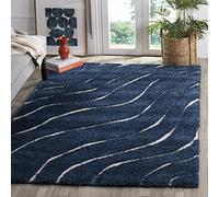Safavieh Alfombra Peluda para salón, Comedor, Dormitorio, colección Florida, Pelo Alto, Azul Oscuro y Crema, 122 x 122 cm